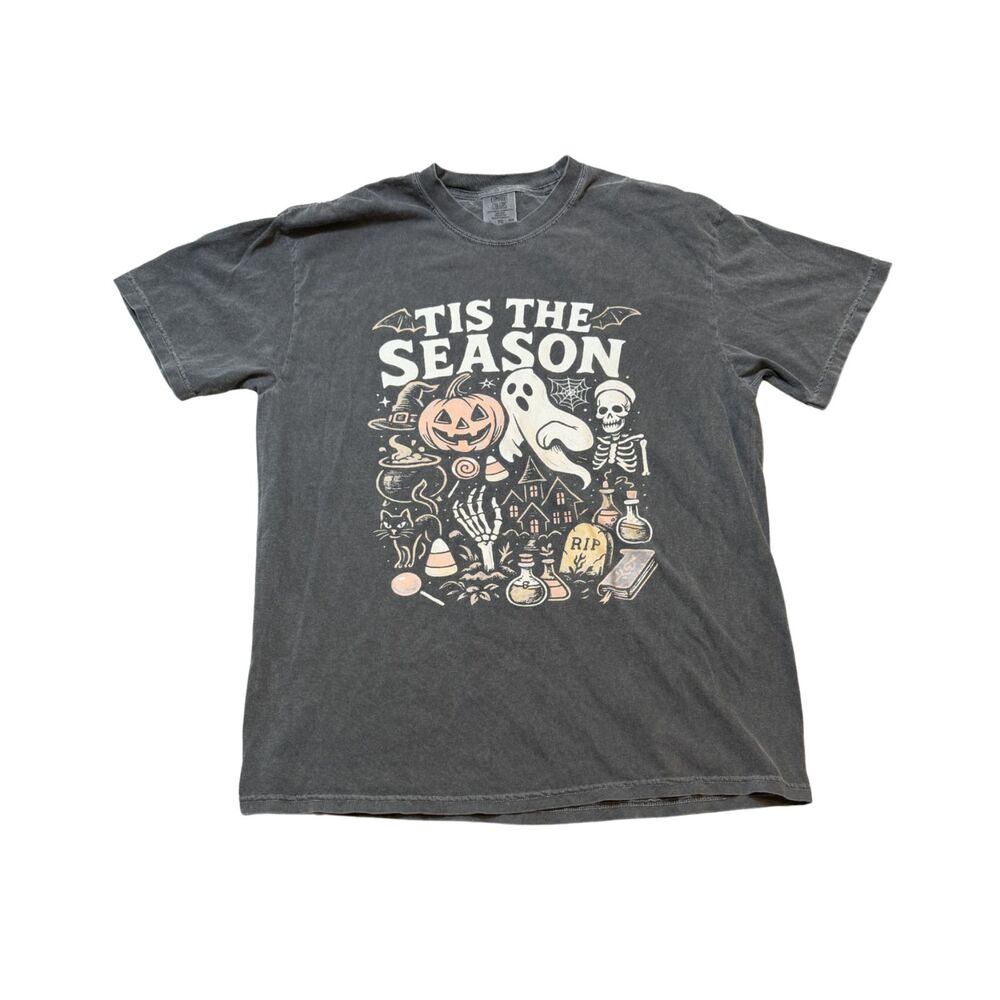 Tis the Season Ghost Pumpkin Graphic Halloween Tee Shirt Gray Unisex Size XL